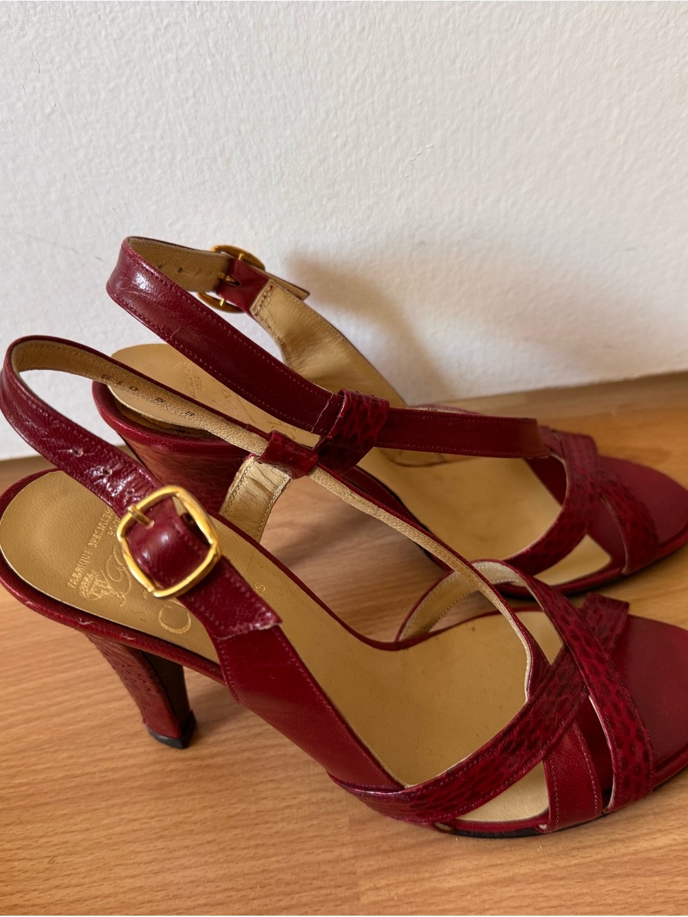 Dior Red Patent Leather Slingback Heels with Gold Buckle